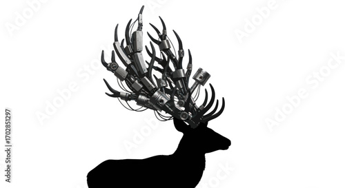 Silhouette of mechanical stag with pistons and metal components adorning its antlers