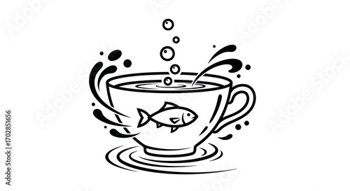 Whimsical Illustration of a Coffee Cup Containing a Fish with Rising Bubbles and Splash