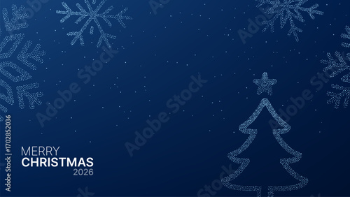 Merry Christmas 2026 greeting card with sparkling snowflakes, festive fir tree outline. Winter holiday background with space for text.