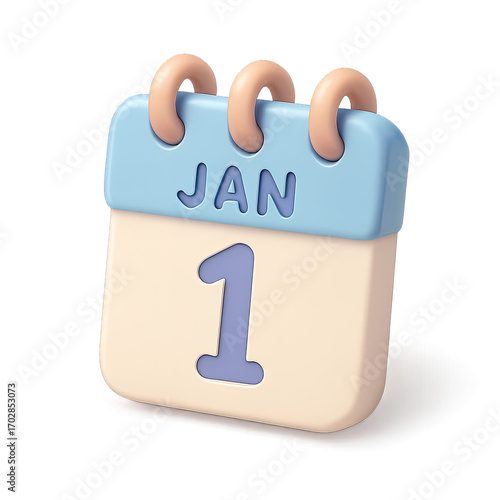 Charming 3D Render of a January 1st Calendar Icon, perfect for New Year's Day, event reminders, or scheduling applications. This cute pastel illustration features soft colors and a minimalist design,