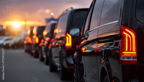 Many black luxury vans parked in a row at a car dealership with a close up view of the tail lights against a sunset Fleet of vans for commercial cargo transportation and VIP charters Copy space