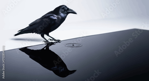 A captivating composition of a sleek crow perched above its flawless reflection casting in a