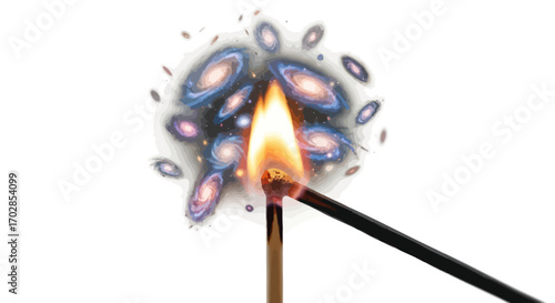A cosmic firework display ignition, match igniting a universe of swirling galaxies and nebulae