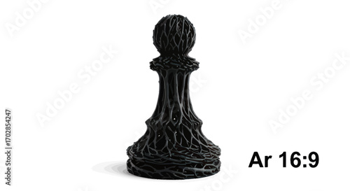 Abstract chess piece made of intricate dark strands against a clean white background