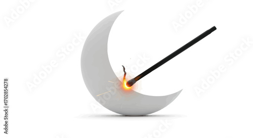 Abstract conceptual illustration showcasing a crescent shape being lit by a matchstick on white
