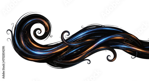 Abstract digital rendition of swirling lines with glowing highlights on white background