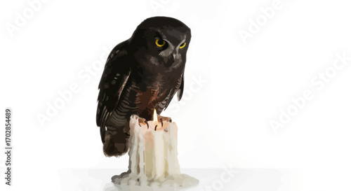 An image showcases an owl perched atop a lit candle in front of a white backdrop creating a unique