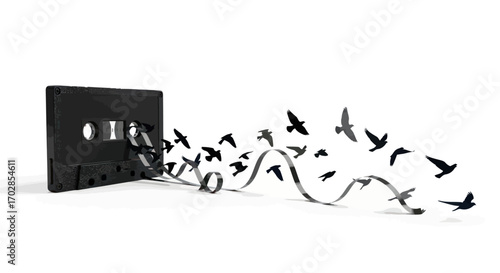 Audio cassette transforms into flock of birds symbolizing auditory freedom and expression