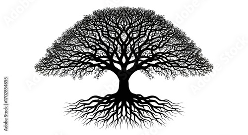 Black and white silhouette of an ancient tree with intricately detailed branches and roots