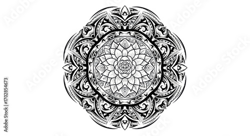 Black ornate floral mandala on white backdrop showcases symmetrical artistry