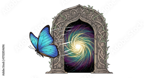 Butterfly ventures towards a swirling portal within a mystical stone archway amid sparkling light