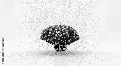 Conceptual graphic of umbrella shielding from falling alphabets data protection metaphor