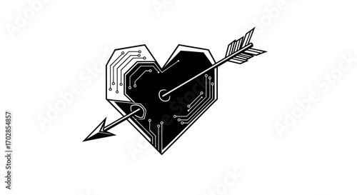 Conceptual illustration showcasing technological influence on love symbolized by a circuit heart