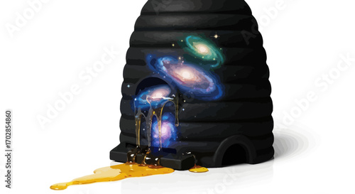 Cosmic beehive illusion with dripping galaxy honey in a surreal creation concept