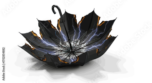 Damaged umbrella with lightning effect and burnt edges symbolizing resilience through adversity