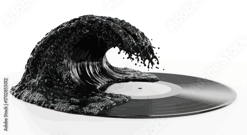 Dramatic visual depiction of a dark fluid wave crashing over a vinyl record surface