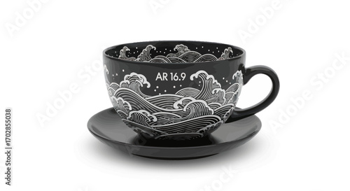 Elaborate black tea cup with stylized wave illustration on a white backdrop