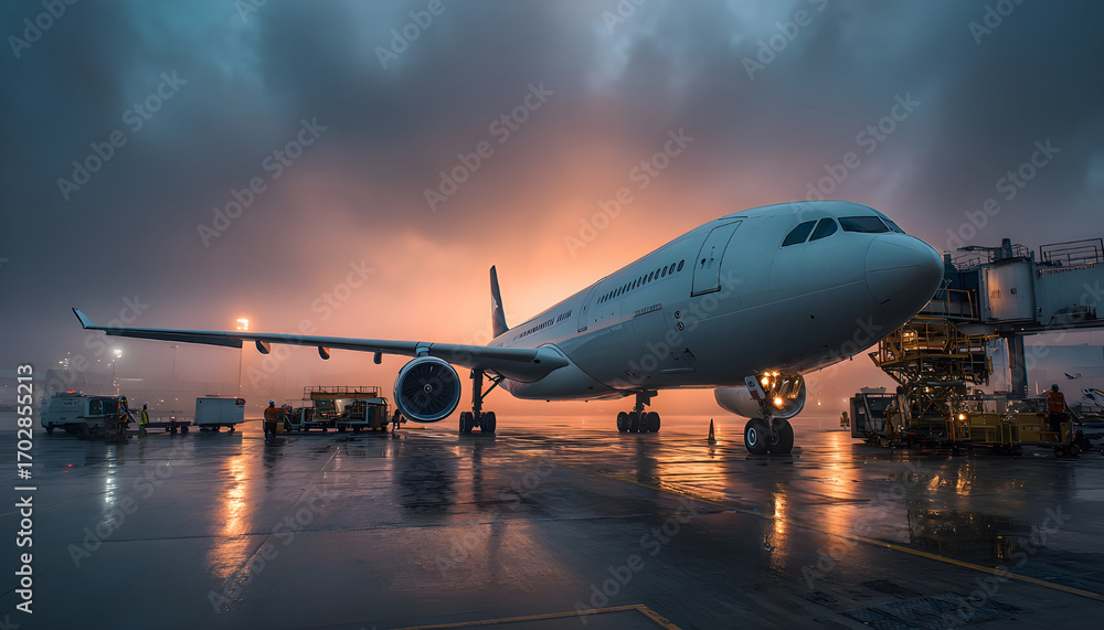 Fototapeta premium Passenger aircraft parked at the terminal of International Airport, ground crew and equipment upon the tarmac