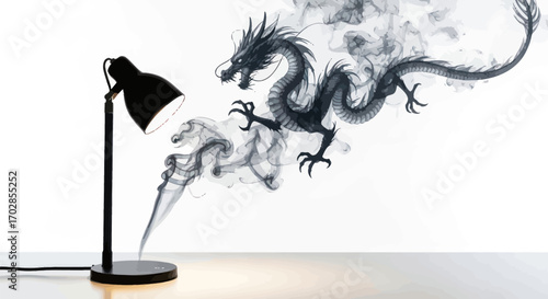 Ephemeral fantasy: An ink dragon conjured from a lamp's radiant light smoke trail rising up
