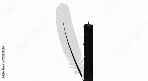 Ethereal dance of light and shadow a grayscale study of quill and candle form harmony