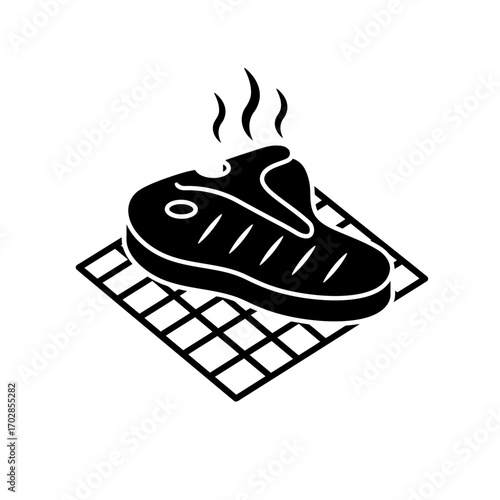 Grilled steak icon on a wire rack, a simple black glyph with steam, perfect for food menus and barbecue concepts