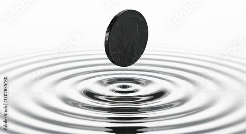 Financial impact visualized: Coin dropping into water creating ripple effects on liquid surface