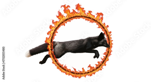 Fox leaps triumphantly through a ring of fire a spectacle of agility and boldness