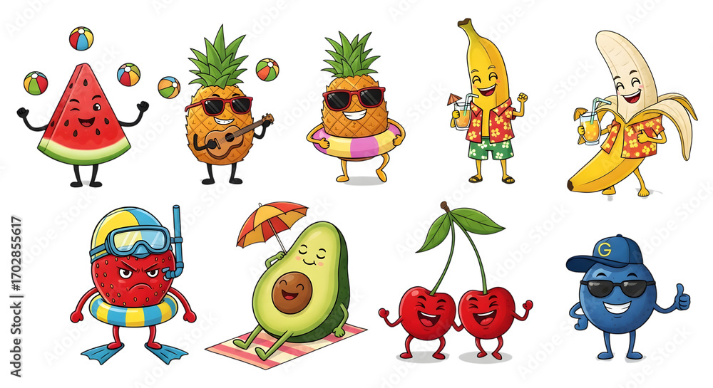 Obraz premium Photo of happy anthropomorphic fruits enjoying summer vacation activities, on white