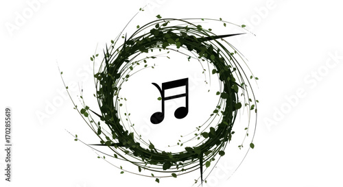 Harmonic vegetation: A musical note surrounded by swirling botanical elements  creating a unique