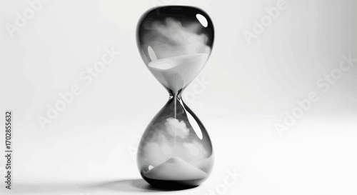 Hourglass filled with ethereal smoke against a clean white backdrop conveying temporality