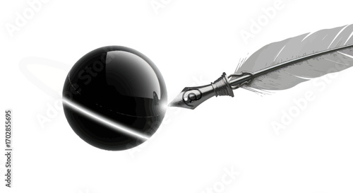 Illuminated sphere with feather quill, an ode to classic art and modern design