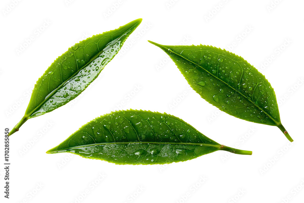 Obraz premium Three tea leaves, vibrant green, covered in water droplets, arranged in a loose triangle against a black background