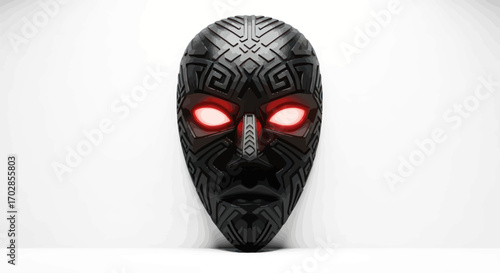 Intricate black tribal mask with glowing red eyes set against a clean white backdrop