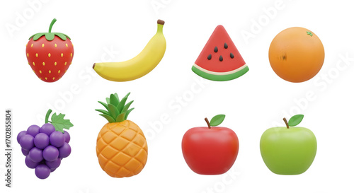 Photo of assortment of realistic 3d rendered fruits, on white