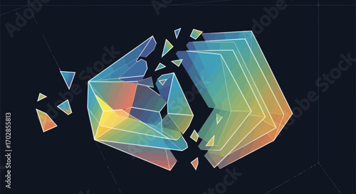 Intricate polygonal structure with fragmented components on a dark minimalistic background