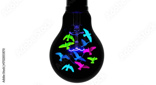 Luminous avians within a black glass bulb symbolizing enlightened aspiration