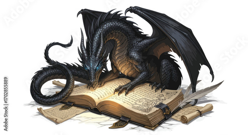 Magnificent black dragon perched over ancient tome scrolls and writing feather pen