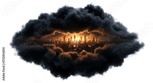 Metropolis shrouded in ominous dark clouds, a contrast of urban life and impending doom