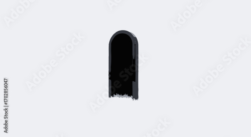 Minimalist depiction of a stylized black portal against a neutral backdrop evoking mystery