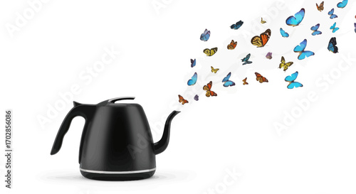 Modern kettle releasing a vibrant swarm of butterflies creating a whimsical scene