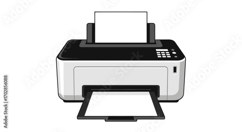 Modern office printer with paper on white background suitable for presentations and documents