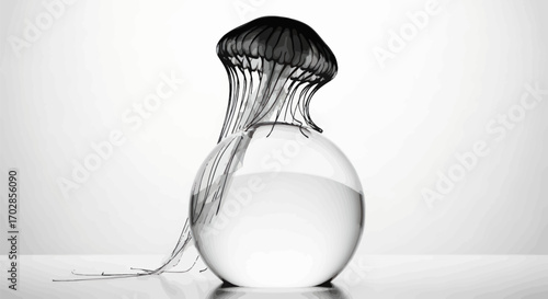 Monochromatic aquatic fantasy a jellyfish descends gently upon a crystalline orb filled with water