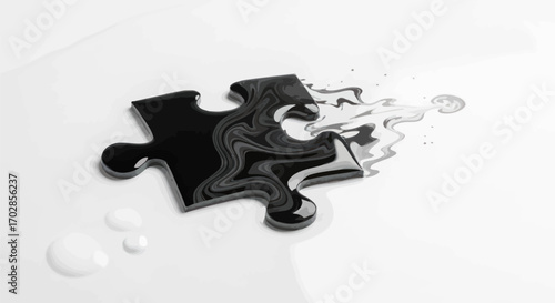 Monochrome puzzle piece creating surreal liquid textures on a white surface