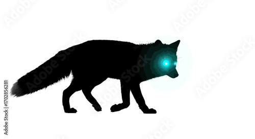 Mystic creature: A dark silhouette fox with piercing blue glowing eyes emerges in the light