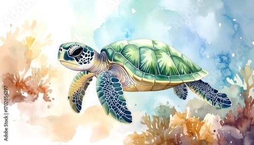 Fototapeta Naklejka Na Ścianę i Meble -  Watercolor sea turtle in coral reef