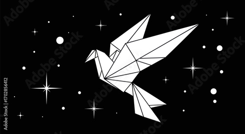 Origami peace dove soaring through a cosmos of shimmering stars and distant galaxies