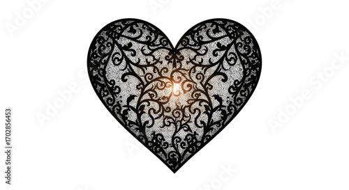 Ornamental heart with intricate dark tendrils radiating from a central glowing point creating a