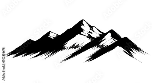 Striking black and white mountain range depiction, showcasing powerful brushstroke technique and
