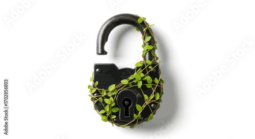 Symbolic representation of growth and opportunity: An open padlock with vibrant greenery