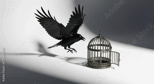 Symbolic portrayal of avian freedom representing liberation from confinement and new beginnings